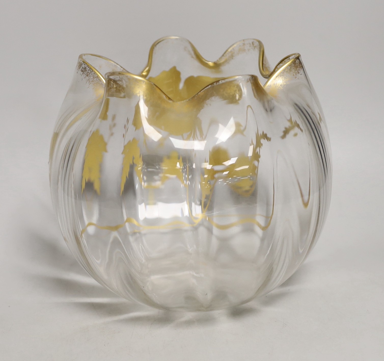 A Bohemian gilt decorated glass bud shaped bowl, early 20th century, 19cms high